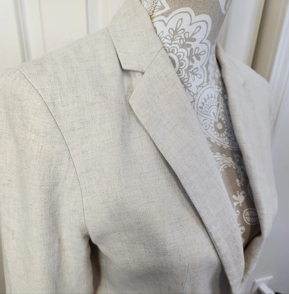 British Khaki Vintage Old Money Tailored Coastal Creme Linen Blazer Size M